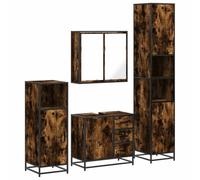 QJBSAVVA Ensemble Meuble Salle de Bain 4 Pcs, Armoire à Miroir, Meuble sous Vasque, Colonne et Cabinet Bas, Bois d'Ingénierie et Métal, Style Industriel, Coloris Chêne Fumé
