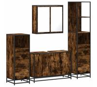QJBSAVVA Ensemble Meuble Salle de Bain 4 Pièces en Bois d'Ingénierie et Métal Style Industriel, Armoire à Miroir, Meuble sous Vasque, Colonne Haute et Meuble Bas, Chêne Fumé