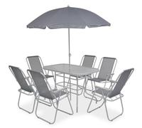 QJBSAVVA Ensemble Repas Jardin 8 Pcs Table Verre 6 Chaises Parasol Gris | Salon de jardin complet pour terrasse avec table en verre trempé, 6 chaises en textilène et un parasol assorti.
