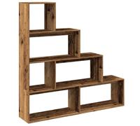 QJBSAVVA Étagère Séparatrice de Pièce 4 Niveaux, Bibliothèque en Forme d'Escalier, Meuble de Rangement pour Salon ou Bureau, Bois d'Ingénierie, Couleur Vieux Bois, 143,5 x 29 x 143,5 cm