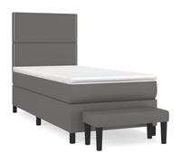 QJBSAVVA Lit Boxspring 100x200 cm Gris avec Matelas et Banc 5 pcs | Ensemble de chambre à coucher en similicuir gris avec tête de lit réglable en hauteur et matelas ergonomique.