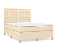 QJBSAVVA Lit Boxspring 140x190 avec Matelas et Surmatelas Tissu Crème | Ensemble lit complet pour chambre à coucher avec sommier à ressorts, tête de lit réglable et surmatelas.