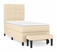 QJBSAVVA Lit Boxspring 90x200 avec Matelas Surmatelas et Banc Crème | Ensemble de lit complet 5 pièces pour chambre avec sommier, tête de lit réglable en hauteur et banc assorti.