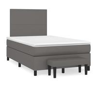 QJBSAVVA Lit Boxspring Complet 120x200 Gris Similicuir avec Banc, 5 Pièces | Ensemble lit complet pour chambre avec matelas à ressorts, surmatelas doux et banc assorti en similicuir gris.