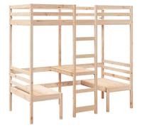 QJBSAVVA Lit Mezzanine 90x190 cm Bois de Pin Massif avec Bureau et Chaises | Optimisez votre chambre avec ce combiné lit surélevé, bureau de travail et deux sièges intégrés en bois brut.