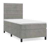 QJBSAVVA Lit Sommier 90x190 cm en Velours Gris Clair avec Matelas | Ensemble complet pour chambre avec tête de lit réglable, matelas à ressorts ensachés et surmatelas moelleux.