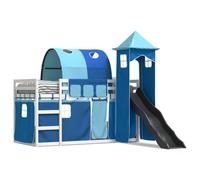 QJBSAVVA Lit Superposé avec Toboggan et Rideaux Bleu Blanc 90x200 cm | Cadre de lit surélevé en bois de pin massif avec échelle, toboggan ludique et kit de rideaux pour chambre d'enfant.