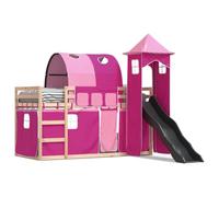 QJBSAVVA Lit Superposé en Pin avec Toboggan et Rideaux 80x200 cm | Structure en pin massif pour chambre à coucher avec toboggan anthracite et kit de rideaux rose inclus.