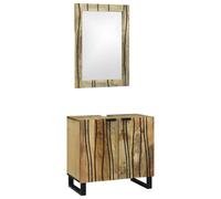 QJBSAVVA Lot de 2 armoires de salle de bain en bois massif de manguier naturel, meuble sous lavabo 62 x 33 x 58 cm et miroir 70 x 50 cm, design moderne avec motif ondulé CNC et poignées de tasse