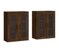 QJBSAVVA Lot de 2 Armoires Murales en Bois d'Ingénierie et Verre, Meuble Suspendu Salon et Cuisine, Buffet Haut Vitré, Rangement Mural Gain de Place, Chêne Marron, 69,5x34x90 cm