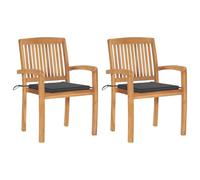 QJBSAVVA Lot de 2 Chaises de Jardin en Bois de Teck avec Coussins Anthracite, Fauteuils d'Extérieur Empilables pour Terrasse et Balcon, Style Vintage avec Accoudoirs, 60 x 57,5 x 90 cm
