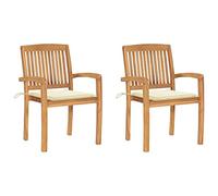 QJBSAVVA Lot de 2 Chaises de Jardin en Bois de Teck Massif avec Coussins Crème, Fauteuils d'Extérieur Empilables pour Terrasse et Patio, Design Vintage à Lattes, 60 x 57,5 x 90 cm