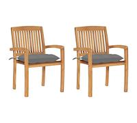 QJBSAVVA Lot de 2 Chaises de Jardin en Bois de Teck Massif avec Coussins Gris - Fauteuils d'Extérieur Empilables pour Terrasse, Patio et Balcon - Design Vintage aux Finitions Lisses