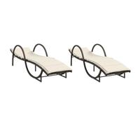 QJBSAVVA Lot de 2 Chaises Longues de Jardin en Résine Tressée avec Coussins Blanc Crème, Transats de Soleil pour Terrasse et Piscine, Dossier Réglable 3 Positions, Marron