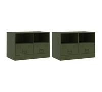 QJBSAVVA Lot de 2 Meubles TV en Acier Laminé à Froid, Banc TV Design Industriel avec 2 Tiroirs et 2 Étagères de Rangement, Buffet Bas Robuste pour Salon et Chambre, 67x39x44 cm, Vert Olive