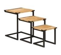 QJBSAVVA Lot de 3 Tables Basses Gigognes en Bois de Manguier Massif et Fer, Tables d'Appoint Industrielles pour Salon et Chambre, Bout de Canapé Carré, 40x40x50cm, Naturel et Noir