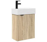 QJBSAVVA Meuble de Salle de Bain avec Lavabo et 1 Porte, Armoire de Toilette Compacte en Bois d'Ingénierie, Lave-Main pour Petits Espaces, Chêne Sonoma, 45,5 x 22,5 x 84 cm
