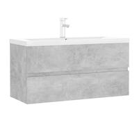 QJBSAVVA Meuble de Salle de Bain avec Lavabo Intégré 90 cm, Armoire sous Vasque Suspendue avec Tiroir en Bois d'Ingénierie, Robinetterie et Bonde de Vidage Inclus, Gris Béton et Blanc