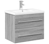 QJBSAVVA Meuble Lavabo de Salle de Bain Suspendu 60 cm avec Vasque Encastrée en Céramique Blanche Robinet et Bonde de Vidage Inclus Meuble sous Évier Gris Sonoma avec Tiroir