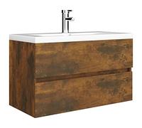 QJBSAVVA Meuble sous Vasque avec Vasque Céramique 80 cm Robinet et Bonde Inclus, Meuble Lavabo Suspendu avec Tiroir Chêne Fumé, Petit Meuble Salle de Bain Design Moderne