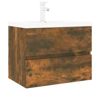 QJBSAVVA Meuble sous Vasque Suspendu de Salle de Bain avec Lavabo Céramique Intégré, Robinet et Bonde, Meuble-Lavabo 1 Tiroir de Rangement, Chêne Fumé et Blanc, 60x38,5x45 cm