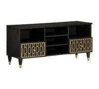 QJBSAVVA Meuble TV 100x33x46 cm en Bois de Manguier Massif avec Motifs Sculptés à la Main, Buffet Bas Style Rétro avec Pieds en Fer et Rangement pour Salon, Finition Noire