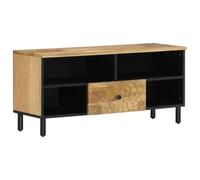QJBSAVVA Meuble TV 100x33x46 cm en Bois de Manguier Massif et Fer, Banc TV avec Grand Rangement, Support Multimédia Style Industriel pour Salon et Chambre, Finition Naturelle