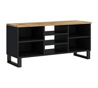QJBSAVVA Meuble TV 100x33x46 cm en Bois de Manguier Massif et Ingénierie, Support Multimédia Industriel avec 4 Compartiments et 3 Étagères pour Salon, Pieds en Fer et Finition Naturelle