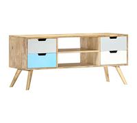 QJBSAVVA Meuble TV 110x35x48 cm en Bois de Manguier Massif, Banc TV Multicolore avec 4 Tiroirs et 2 Compartiments, Buffet Bas de Salon au Style Rétro Artisanal pour Écran et HiFi