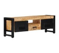 QJBSAVVA Meuble TV 120x30x40 cm en Bois de Manguier Massif et Métal Noir, Banc TV Industriel avec Tiroir et Rangement pour Salon, Buffet Bas Multimédia Style Rustique et Naturel