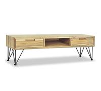 QJBSAVVA Meuble TV 120x35x35 cm en Teck Massif Recy t Fer Forgé, Banc TV de Style Colonial avec 2 Tiroirs et 1 Compartiment, Buffet Bas Rustique pour Salon et Équipement Multimédia