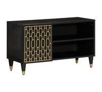 QJBSAVVA Meuble TV 80x31,5x46 cm en Bois de Manguier Massif, Support Multimédia avec Motifs Sculptés Main, Buffet Bas Style Rétro avec Pieds en Fer pour Salon et Chambre
