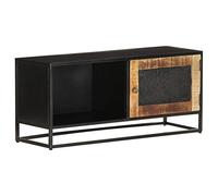 QJBSAVVA Meuble TV 90x30x40 cm en Bois de Manguier Brut et Fer, Buffet Bas Style Industriel avec Porte Sculptée à la Main et Compartiment, Support Multimédia Robuste pour Salon et Chambre
