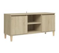 QJBSAVVA Meuble TV au Style Scandinave en Chêne Sonoma, Buffet Bas avec Pieds en Bois Massif d'Eucalyptus, Support TV avec 2 Étagères et 2 Compartiments pour Salon et Chambre, 103,5x35x50 cm