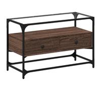 QJBSAVVA Meuble TV avec Dessus en Verre Chêne Marron et Cadre en Métal Noir, Buffet de Télévision Industriel avec 2 Tiroirs de Rangement, Console Média en Bois d'Ingénierie, 80 x 35 x 51 cm