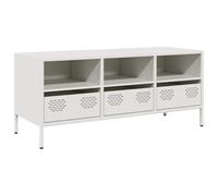 QJBSAVVA Meuble TV Blanc 101,5x39x43,5 cm en Acier Laminé à Froid, Buffet Bas Style Industriel avec 3 Tiroirs et 3 Compartiments de Rangement pour Salon et Chambre à Coucher
