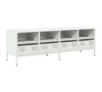 QJBSAVVA Meuble TV Blanc 135x39x43,5 cm en Acier Laminé à Froid, Banc TV Industriel avec 4 Tiroirs et 4 Compartiments de Rangement, Buffet Bas Moderne pour Salon et Chambre à Coucher
