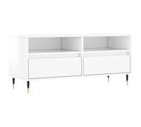 QJBSAVVA Meuble TV Blanc Brillant 100x34,5x44,5 cm, Buffet Bas en Bois d'Ingénierie avec 2 Tiroirs et 2 Compartiments, Support TV Moderne avec Pieds en Fer pour Salon et Chambre