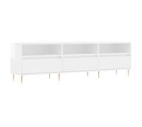 QJBSAVVA Meuble TV Blanc Brillant 150x30x44,5 cm en Bois d'Ingénierie, Buffet TV avec 6 Compartiments et Pieds en Fer, Meuble de Rangement Moderne pour Salon et Chambre