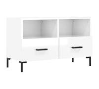 QJBSAVVA Meuble TV Blanc Brillant 80x36x50 cm, Banc TV Moderne en Bois d'Ingénierie avec 2 Tiroirs et 2 Compartiments, Buffet Bas avec Pieds en Fer pour Salon et Chambre