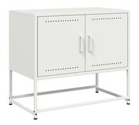 QJBSAVVA Meuble TV en Acier Blanc Style Industriel, Support TV avec 2 Compartiments de Rangement et Cadre Stable, Buffet Bas en Métal pour Salon et Chambre, 68,5 x 39 x 60,5 cm