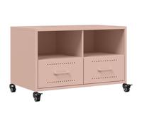 QJBSAVVA Meuble TV en Acier Rose, Support Multimédia avec 2 Tiroirs et 2 Étagères, Buffet Bas de Salon Moderne à roulettes pour Magazine et DVD, Meuble de Rangement Industriel, 68x39x43,5 cm