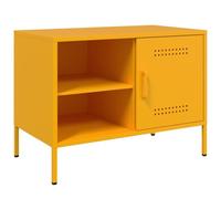 QJBSAVVA Meuble TV en Acier Style Industriel Jaune Moutarde 68x39x50,5 cm, Petit Buffet Bas avec Placard et Étagères Ouvertes, Meuble de Rangement pour Salon et Chambre à Coucher
