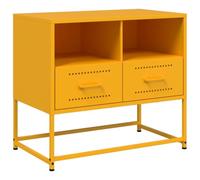 QJBSAVVA Meuble TV en Acier Style Industriel Jaune Moutarde, Buffet Bas de Salon avec 2 Tiroirs et 2 Compartiments Ouverts, Support Multimédia Robuste pour Chambre et Séjour, 68x39x60,5 cm