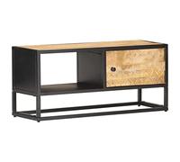 QJBSAVVA Meuble TV en Bois de Manguier Brut avec Porte Sculptée et Cadre en Fer, Buffet Bas de Salon Style Industriel et Rustique, Support HiFi pour Multimédia, 90x30x40 cm