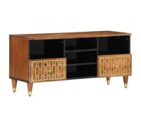 QJBSAVVA Meuble TV en Bois de Manguier Massif 100x33x46 cm, Meuble Bas de Télévision Style Rétro avec Motifs Sculptés à la Main et Pieds en Fer, Buffet Bas pour Salon et Chambre
