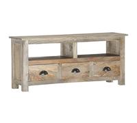 QJBSAVVA Meuble TV en Bois de Manguier Massif 110x30x50 cm, Buffet Bas de Salon au Style Rétro avec 3 Tiroirs et 2 Étagères, Meuble Multimédia Unique avec Finition Chêne Gris