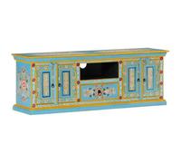 QJBSAVVA Meuble TV en Bois de Manguier Massif Bleu 110x30x40 cm, Buffet Bas Rétro avec Compartiments de Rangement pour Salon, Meuble de Support Multimédia Peint à la Main Style Vintage