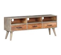 QJBSAVVA Meuble TV en Bois de Manguier Massif et Acacia 130x35x51 cm, Buffet Bas avec 3 Tiroirs et 3 Compartiments, Support Multimédia Industriel pour Salon et Zone de Divertissement, Gris