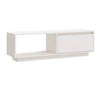 QJBSAVVA Meuble TV en Bois de Pin Massif Blanc 110x30x33,5 cm, Banc TV Design avec Étagères de Rangement pour Salon et Chambre, Support HiFi Robuste et Élégant pour Téléviseur